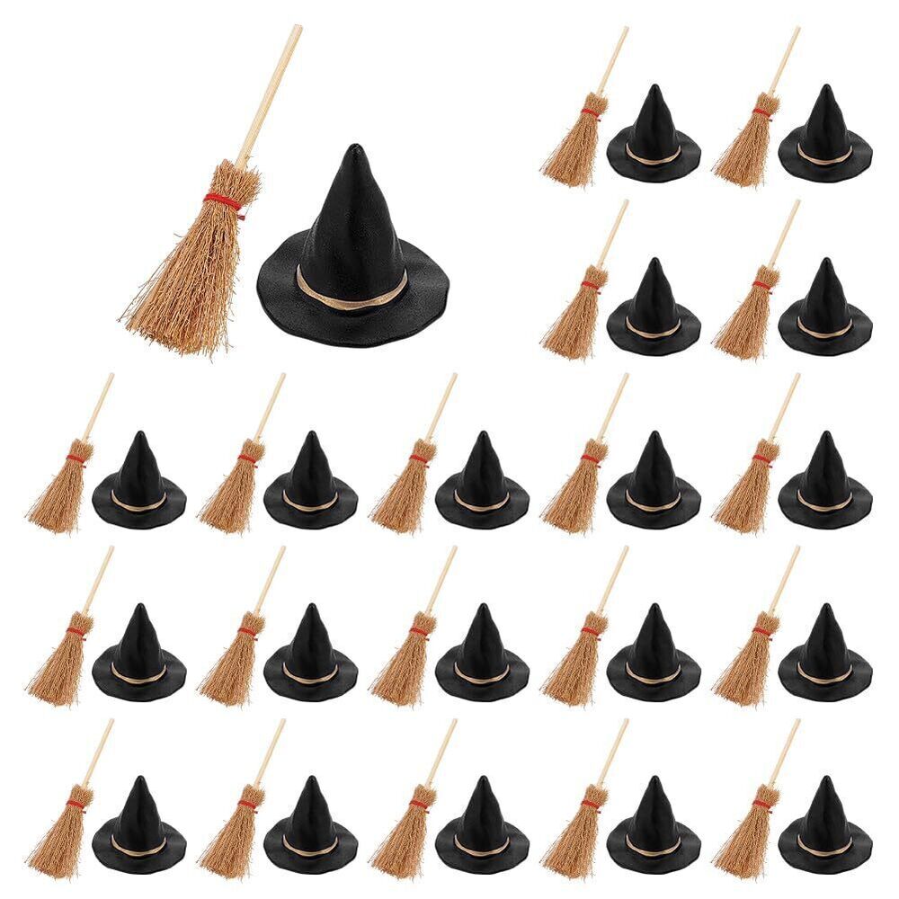 8980 20Pcs Halloween Wood Mini Broom and 20Pcs Mini Witch Hat Miniature